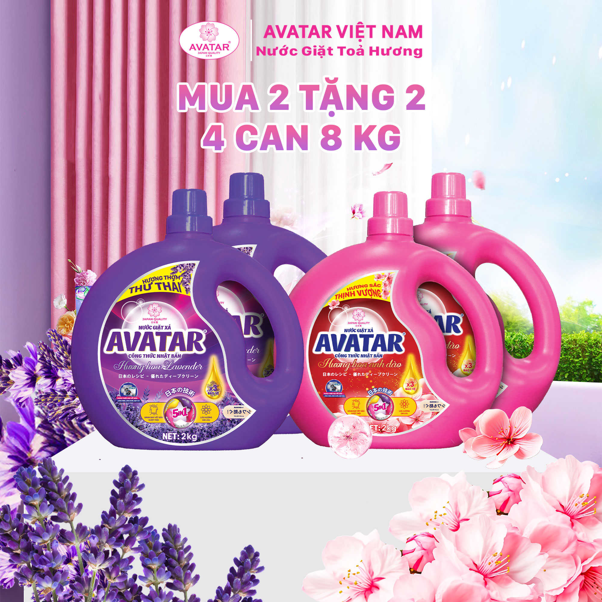[COMBO 4 CAN] Nước Giặt Xả Avatar Hương Lavender và Hương Hoa Anh Đào Làm Sạch Sâu Hiệu Quả, Lưu Hương Lâu, 2kg/can