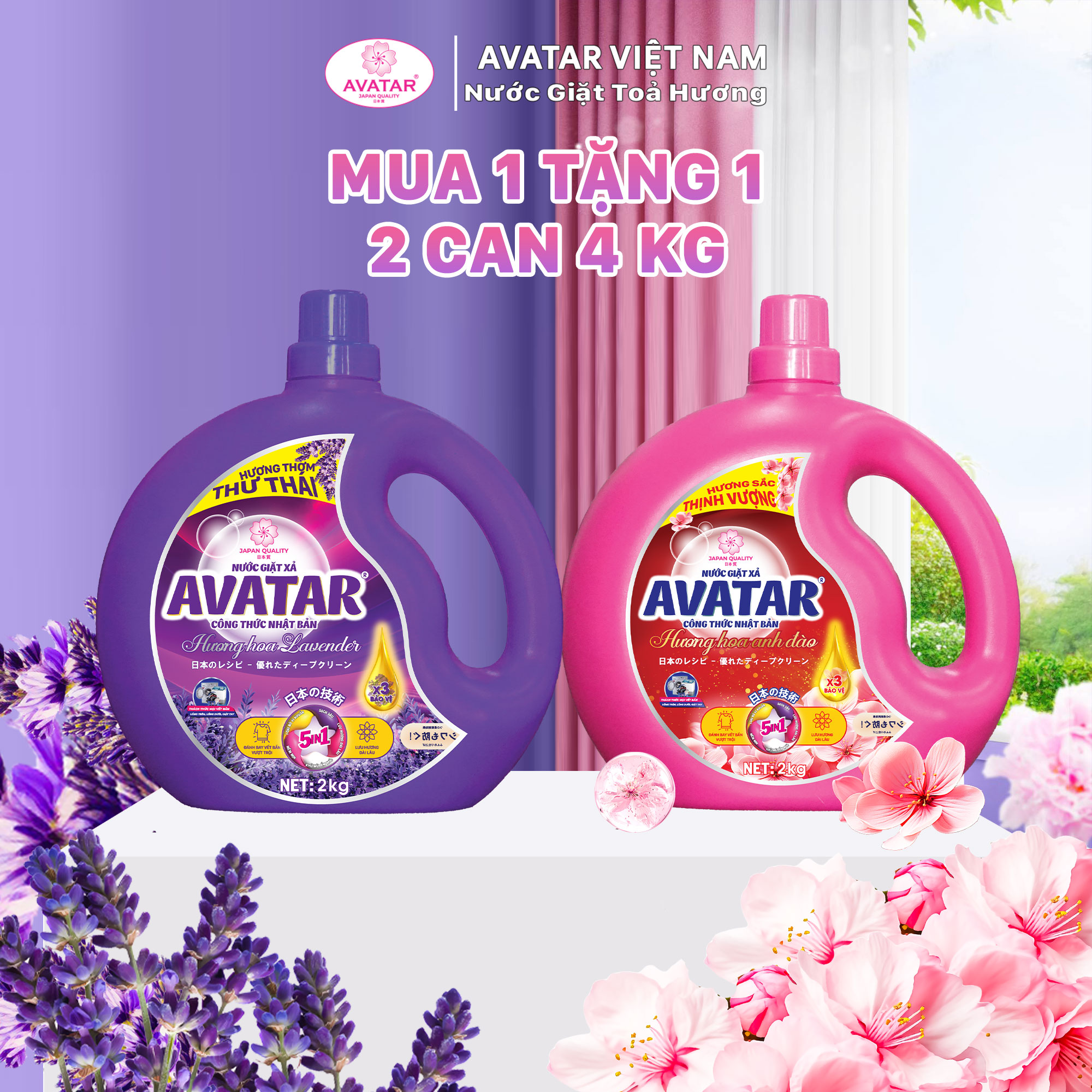 [COMBO 2 CAN] Nước Giặt Xả Avatar Hương Lavender và Hương Hoa Anh Đào Sạch Sâu Hiệu Quả, Lưu Hương Lâu 2kg/can